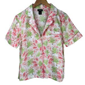 Cynthia Rowley Pajama Top Size Small Pink Flamingo Green Short Sleeve Button Fro